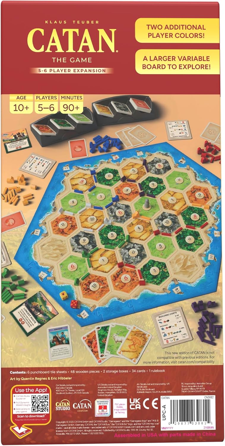 Catan توسيع لعبة اللوح لـ 5-6 لاعبين (الطبعة السادسة) أضف المزيد من اللاعبين إلى مغامرتك، للأعمار 10 سنوات فما فوق، 3-6 لاعبين، وقت اللعب 60-90 دقيقة - Image 1